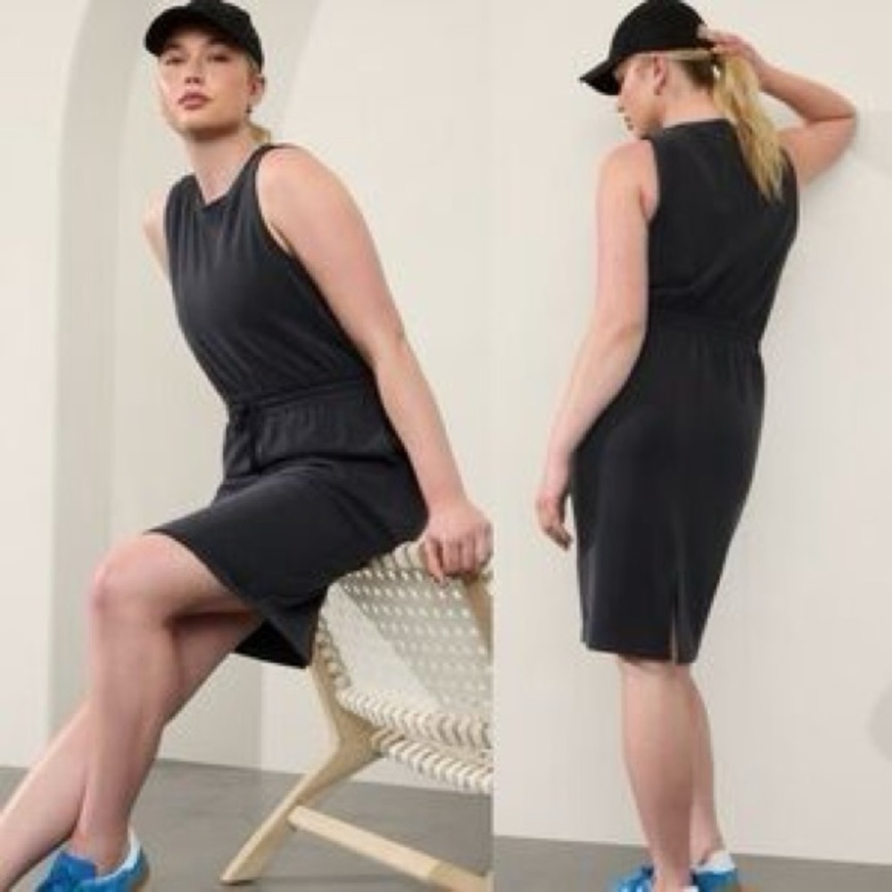 Athleta Black Gray Sleeveless Dress Athletic Soft Tie Waist Summer Dress
